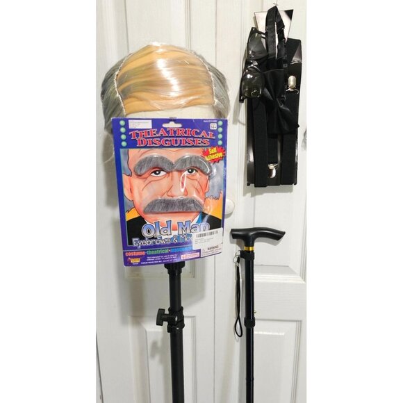 Old Man Costume Combover Wig Eyebrows Mustache Suspenders Glasses Cane Grandpa - Picture 1 of 7